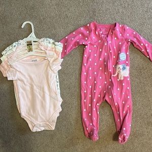 Chick Pea onesies 2 (3-6 month) 2 (6-9 month) and a Carters 9 month sleeper.